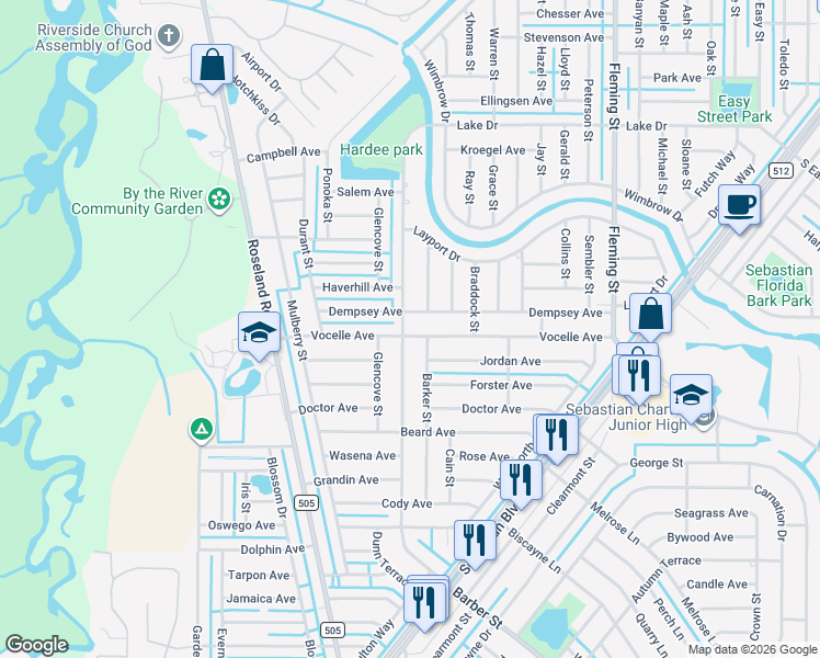 map of restaurants, bars, coffee shops, grocery stores, and more near 785 Dempsey Avenue in Sebastian
