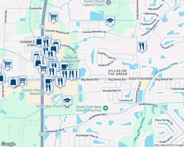 map of restaurants, bars, coffee shops, grocery stores, and more near 13128 Fennway Ridge Drive in Riverview