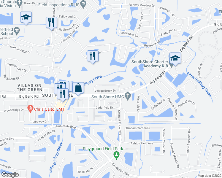 map of restaurants, bars, coffee shops, grocery stores, and more near 11434 Village Brook Drive in Riverview