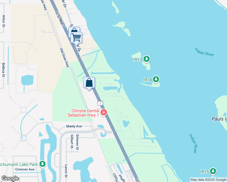 map of restaurants, bars, coffee shops, grocery stores, and more near 6112 River Run Drive in Sebastian