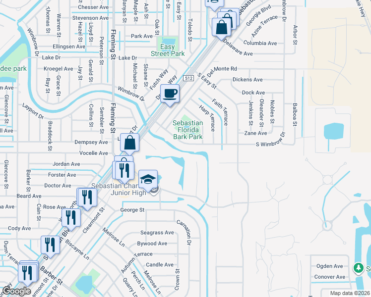 map of restaurants, bars, coffee shops, grocery stores, and more near 318 South Wimbrow Drive in Sebastian