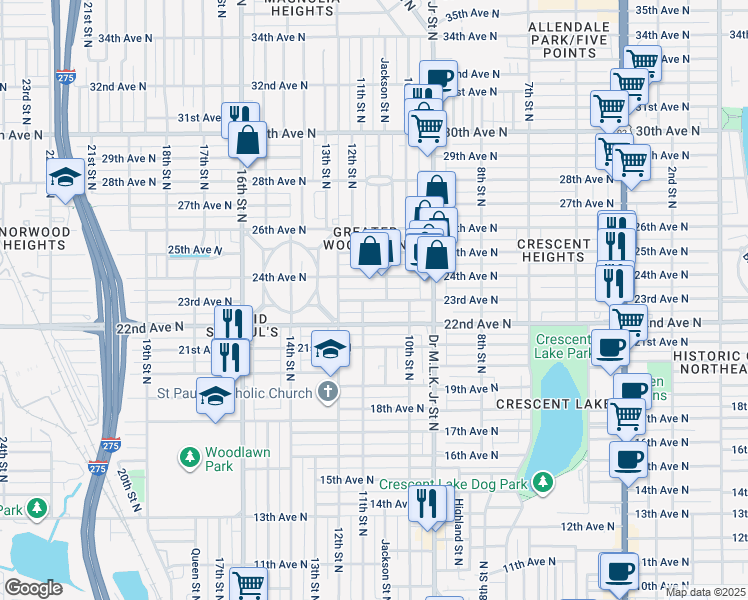map of restaurants, bars, coffee shops, grocery stores, and more near 1148 24th Avenue North in St. Petersburg