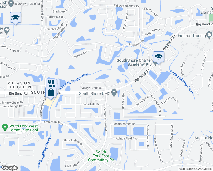 map of restaurants, bars, coffee shops, grocery stores, and more near 11502 Village Brook Drive in Riverview
