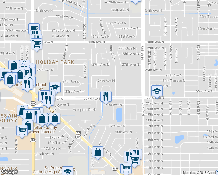 map of restaurants, bars, coffee shops, grocery stores, and more near 2290 60th Way North in St. Petersburg