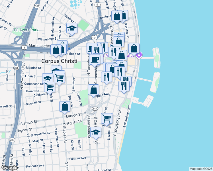 map of restaurants, bars, coffee shops, grocery stores, and more near 411 North Upper Broadway in Corpus Christi