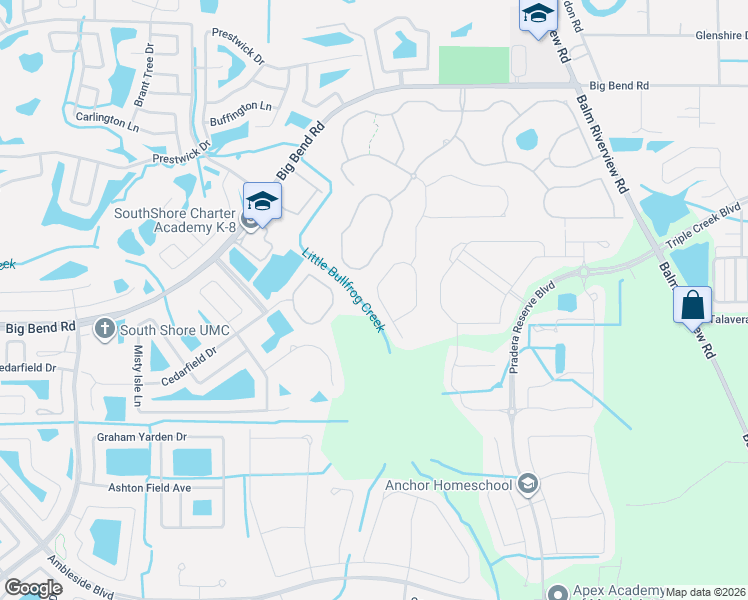 map of restaurants, bars, coffee shops, grocery stores, and more near 13302 Fawn Lily Drive in Riverview
