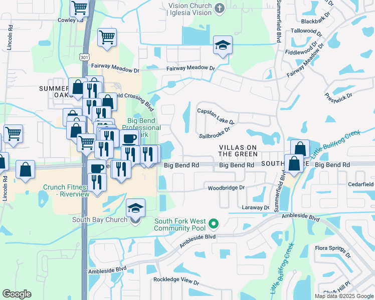 map of restaurants, bars, coffee shops, grocery stores, and more near 13132 Fennway Ridge Drive in Riverview