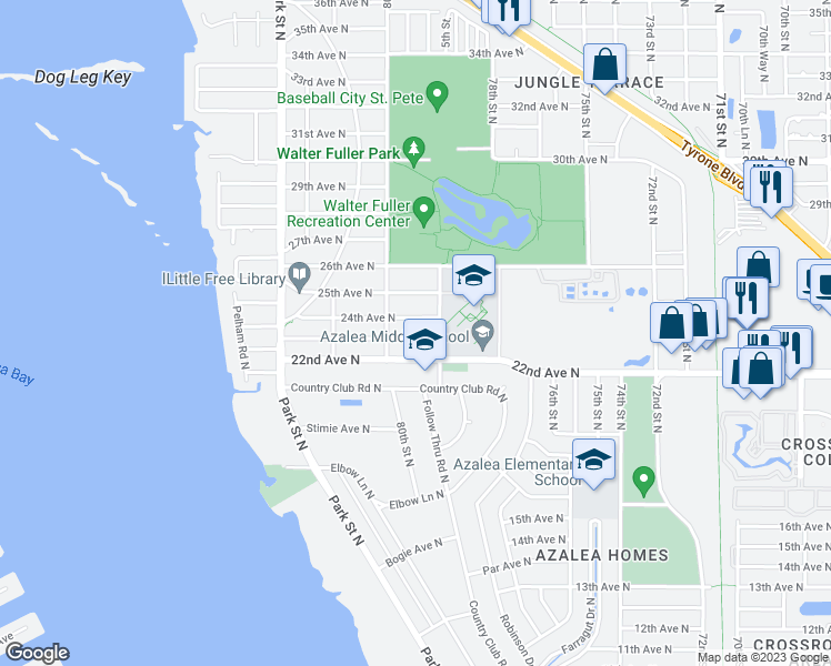 map of restaurants, bars, coffee shops, grocery stores, and more near 7941 23rd Avenue North in St. Petersburg