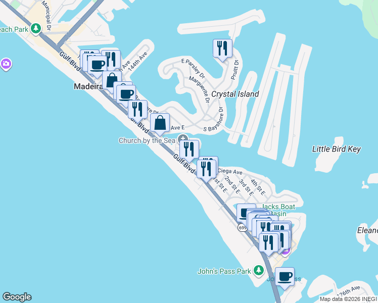 map of restaurants, bars, coffee shops, grocery stores, and more near 433 137th Avenue Circle in Madeira Beach
