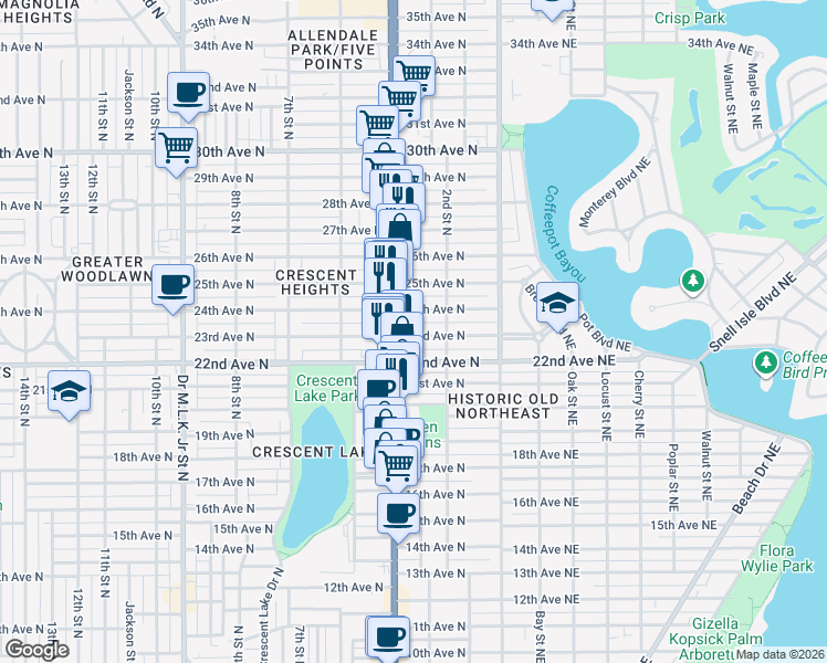 map of restaurants, bars, coffee shops, grocery stores, and more near 320 24th Avenue North in St. Petersburg