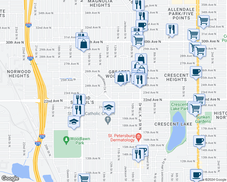 map of restaurants, bars, coffee shops, grocery stores, and more near 1148 24th Avenue North in St. Petersburg