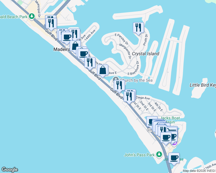 map of restaurants, bars, coffee shops, grocery stores, and more near 13701 Gulf Boulevard in Madeira Beach