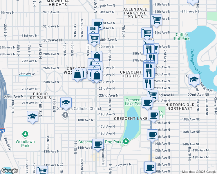 map of restaurants, bars, coffee shops, grocery stores, and more near 801 23rd Avenue North in St. Petersburg