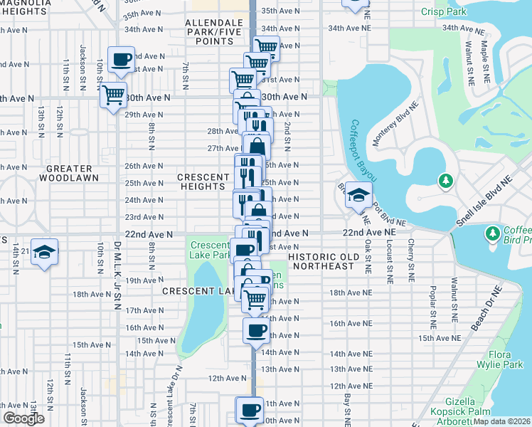 map of restaurants, bars, coffee shops, grocery stores, and more near 320 24th Avenue North in St. Petersburg