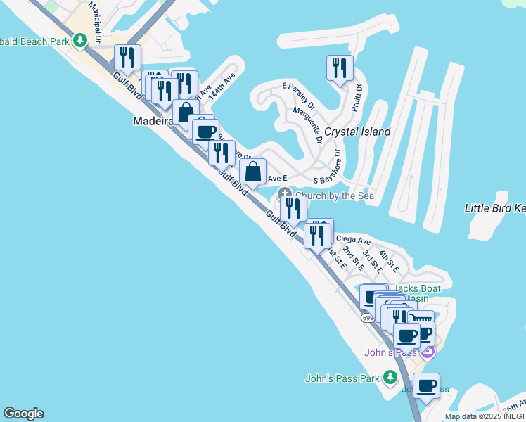 map of restaurants, bars, coffee shops, grocery stores, and more near 13704 Gulf Boulevard in Madeira Beach