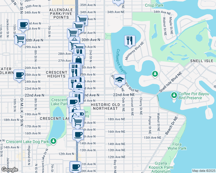 map of restaurants, bars, coffee shops, grocery stores, and more near 115 23rd Avenue Northeast in Saint Petersburg
