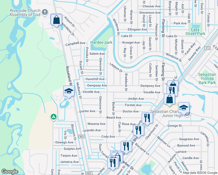 map of restaurants, bars, coffee shops, grocery stores, and more near 785 Dempsey Avenue in Sebastian