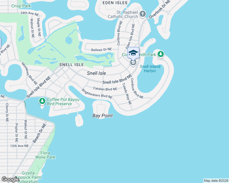 map of restaurants, bars, coffee shops, grocery stores, and more near 265 Catalan Boulevard Northeast in St. Petersburg