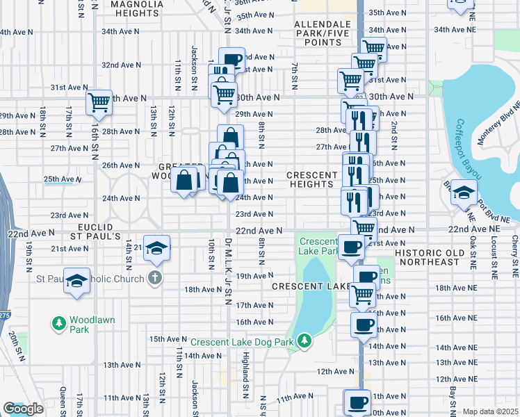 map of restaurants, bars, coffee shops, grocery stores, and more near 836 24th Avenue North in St. Petersburg