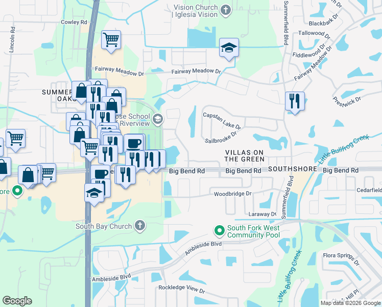 map of restaurants, bars, coffee shops, grocery stores, and more near 13130 Fennway Ridge Drive in Riverview