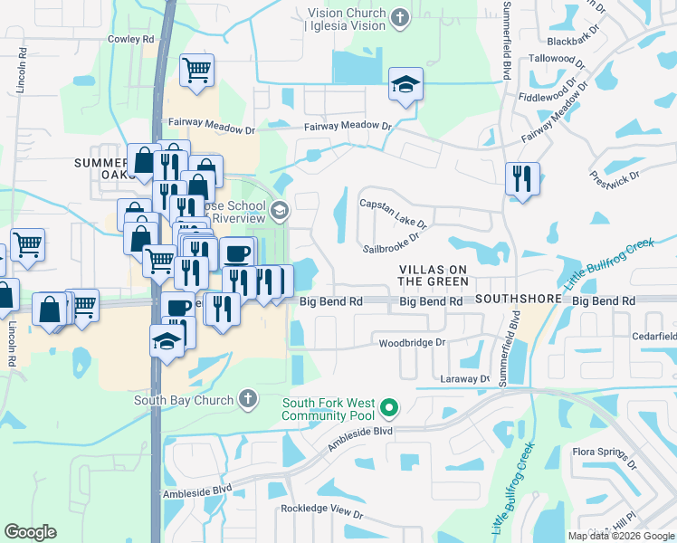 map of restaurants, bars, coffee shops, grocery stores, and more near 13130 Fennway Ridge Drive in Riverview