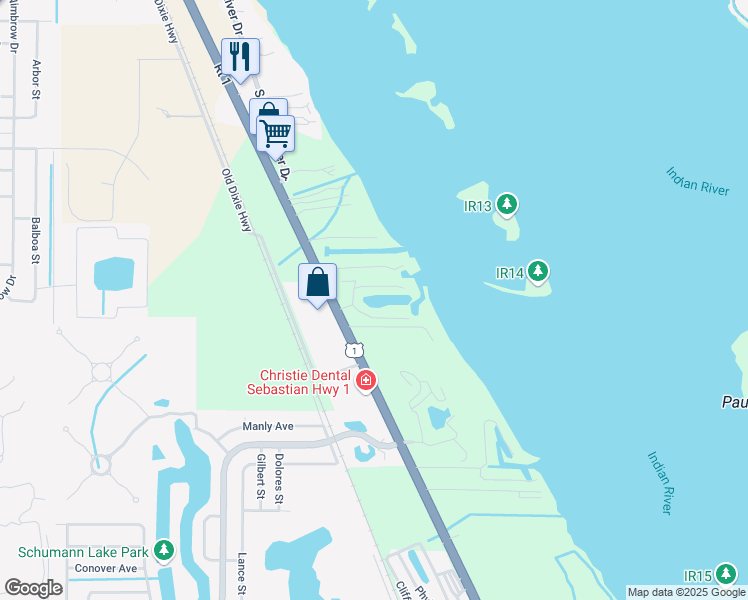map of restaurants, bars, coffee shops, grocery stores, and more near 6039 River Run Drive in Sebastian