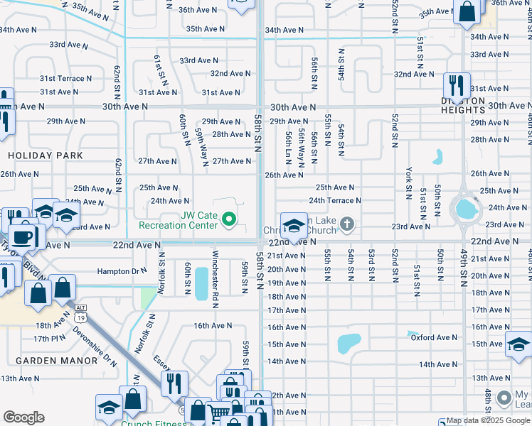 map of restaurants, bars, coffee shops, grocery stores, and more near 2353 58th Street North in Saint Petersburg