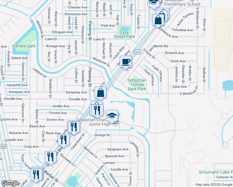 map of restaurants, bars, coffee shops, grocery stores, and more near 730 Commerce Center Drive in Sebastian