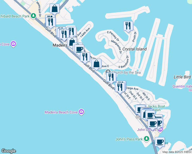 map of restaurants, bars, coffee shops, grocery stores, and more near 13720 Gulf Boulevard in Madeira Beach