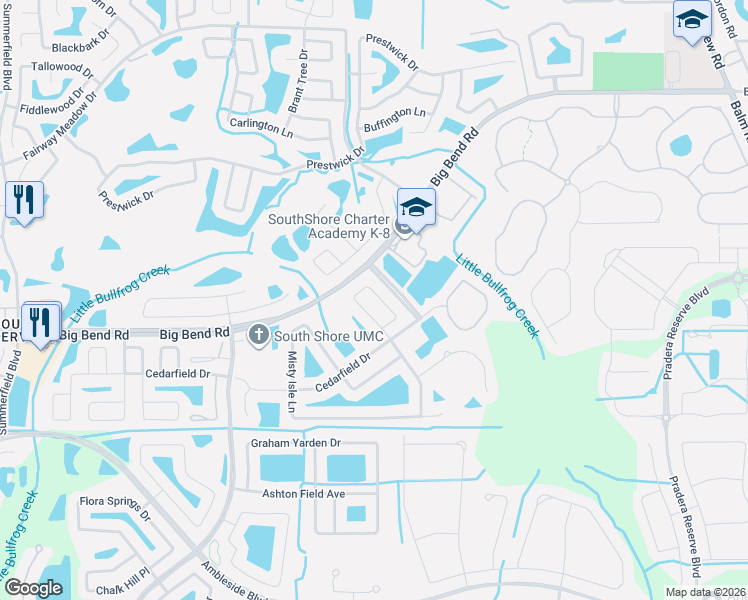 map of restaurants, bars, coffee shops, grocery stores, and more near 13223 Evening Sunset Lane in Riverview