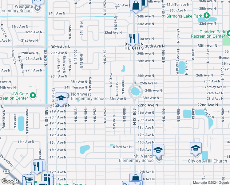 map of restaurants, bars, coffee shops, grocery stores, and more near 2390 51st Street North in St. Petersburg