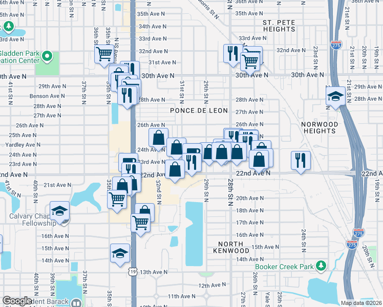 map of restaurants, bars, coffee shops, grocery stores, and more near 2930 24th Avenue North in St. Petersburg