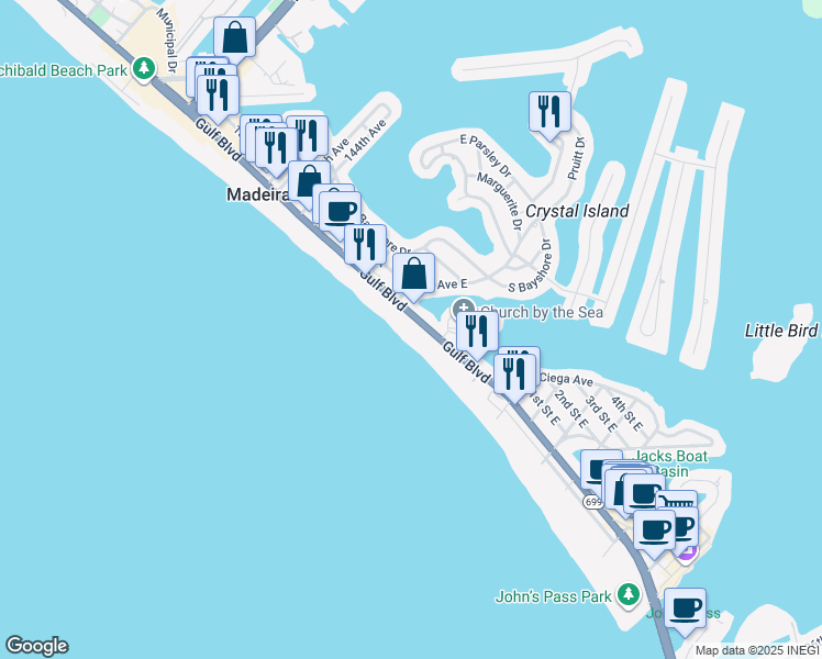map of restaurants, bars, coffee shops, grocery stores, and more near 13720 Gulf Boulevard in Madeira Beach