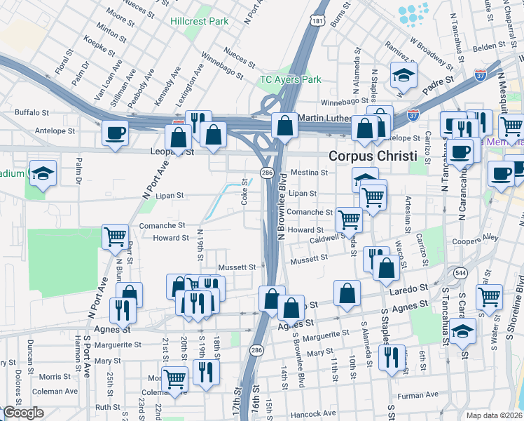 map of restaurants, bars, coffee shops, grocery stores, and more near 1802 Comanche Street in Corpus Christi
