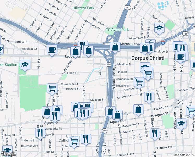 map of restaurants, bars, coffee shops, grocery stores, and more near 1904 Comanche Street in Corpus Christi