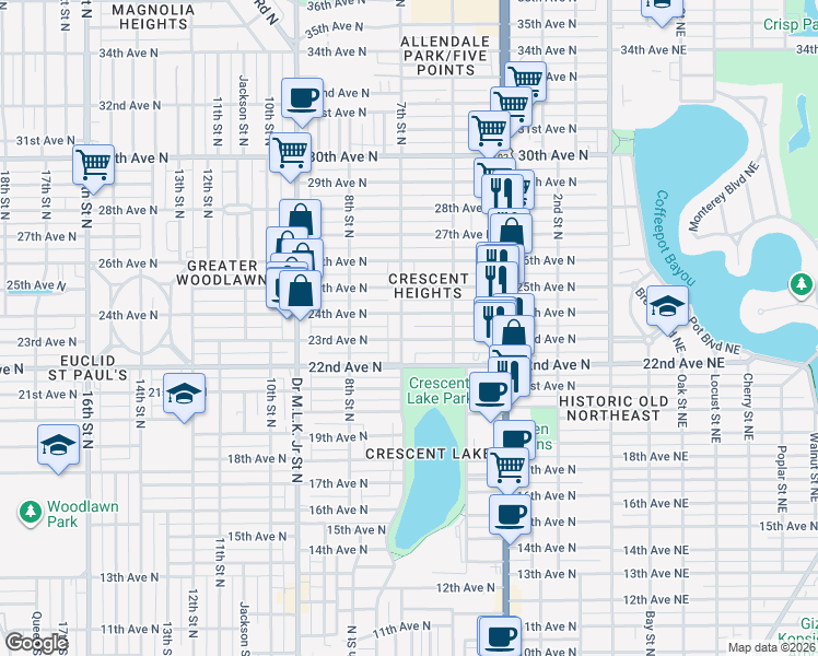 map of restaurants, bars, coffee shops, grocery stores, and more near 2319 7th Street North in St. Petersburg