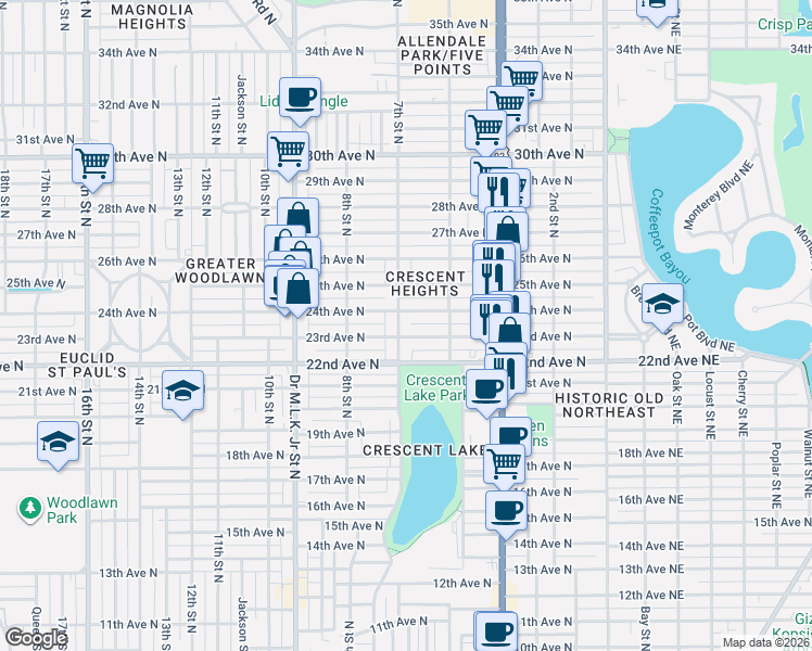 map of restaurants, bars, coffee shops, grocery stores, and more near 2319 7th Street North in St. Petersburg