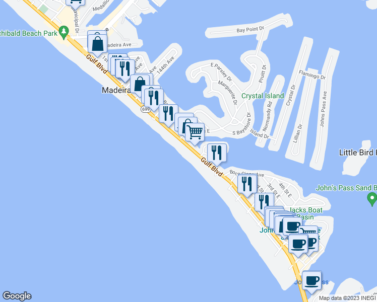 map of restaurants, bars, coffee shops, grocery stores, and more near 13720 Gulf Boulevard in Madeira Beach