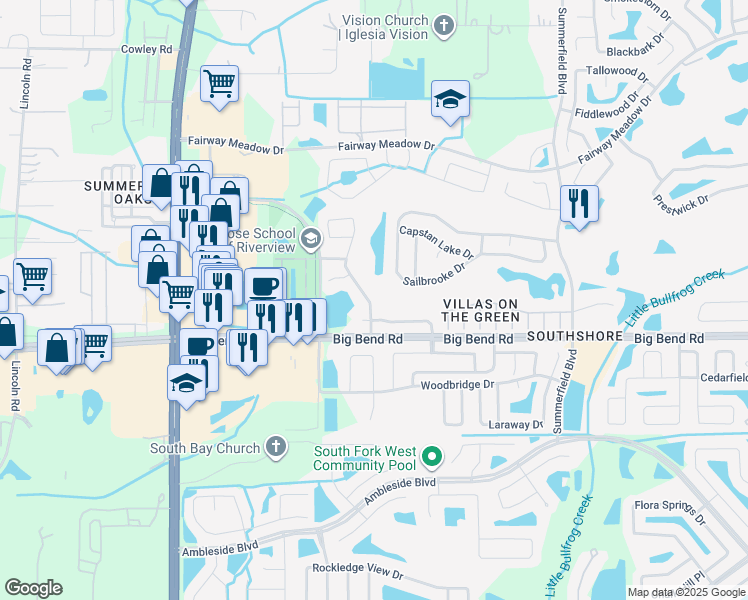 map of restaurants, bars, coffee shops, grocery stores, and more near 13128 Fennway Ridge Drive in Riverview