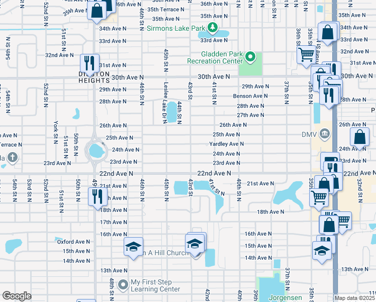 map of restaurants, bars, coffee shops, grocery stores, and more near 4301 24th Avenue North in Saint Petersburg