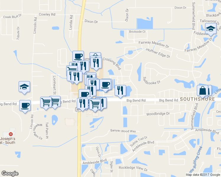 map of restaurants, bars, coffee shops, grocery stores, and more near 13149 Elk Mountain Drive in Riverview