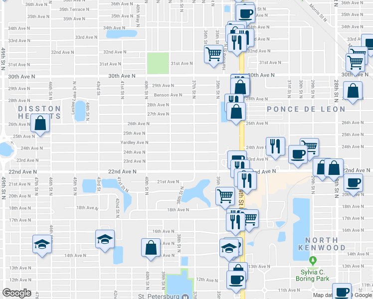 map of restaurants, bars, coffee shops, grocery stores, and more near 3727 24th Avenue North in Saint Petersburg