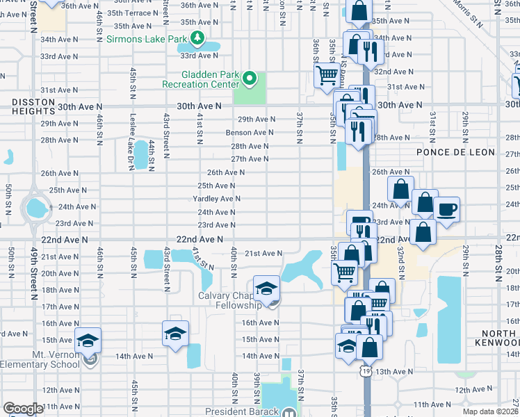 map of restaurants, bars, coffee shops, grocery stores, and more near 3833 24th Avenue North in Saint Petersburg