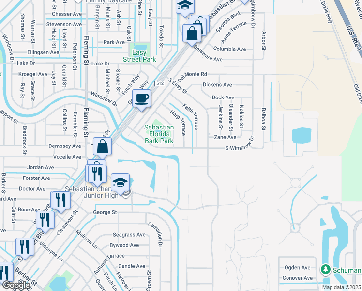 map of restaurants, bars, coffee shops, grocery stores, and more near 290 South Wimbrow Drive in Sebastian