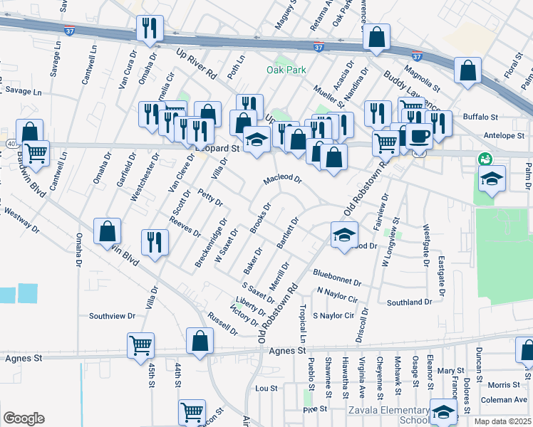 map of restaurants, bars, coffee shops, grocery stores, and more near 410 Brooks Drive in Corpus Christi