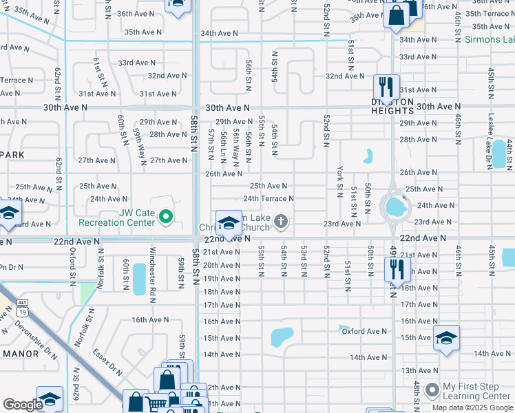 map of restaurants, bars, coffee shops, grocery stores, and more near 2400 55th Street North in St. Petersburg
