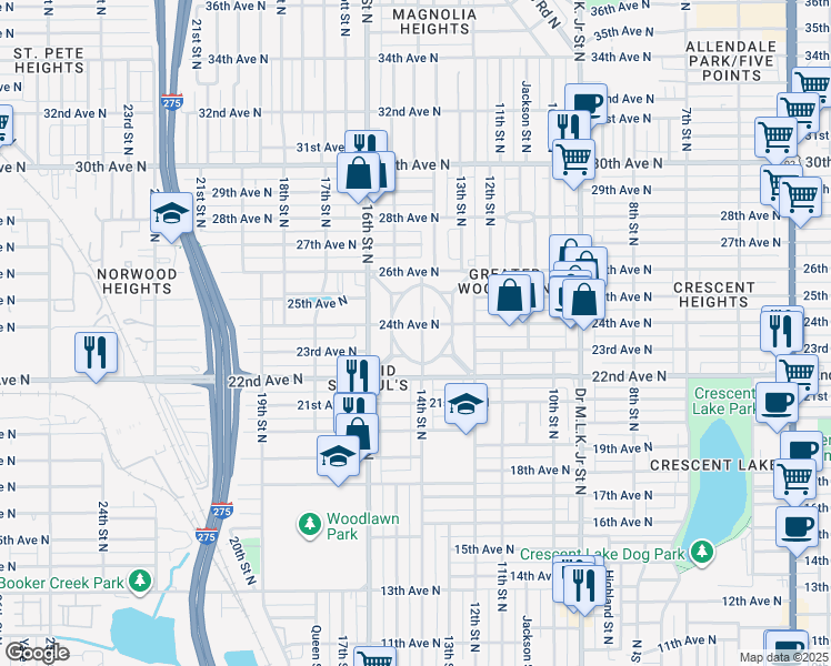 map of restaurants, bars, coffee shops, grocery stores, and more near 2346 14th Street North in St. Petersburg