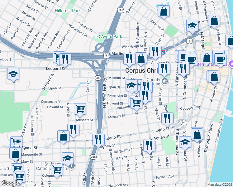 map of restaurants, bars, coffee shops, grocery stores, and more near 1510 Comanche Street in Corpus Christi