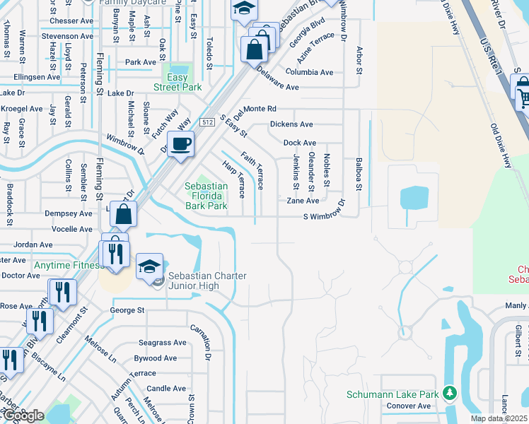 map of restaurants, bars, coffee shops, grocery stores, and more near 202 Faith Terrace in Sebastian