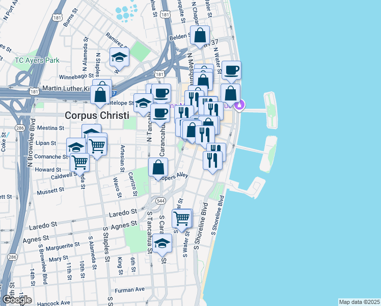 map of restaurants, bars, coffee shops, grocery stores, and more near 201 North Chaparral Street in Corpus Christi